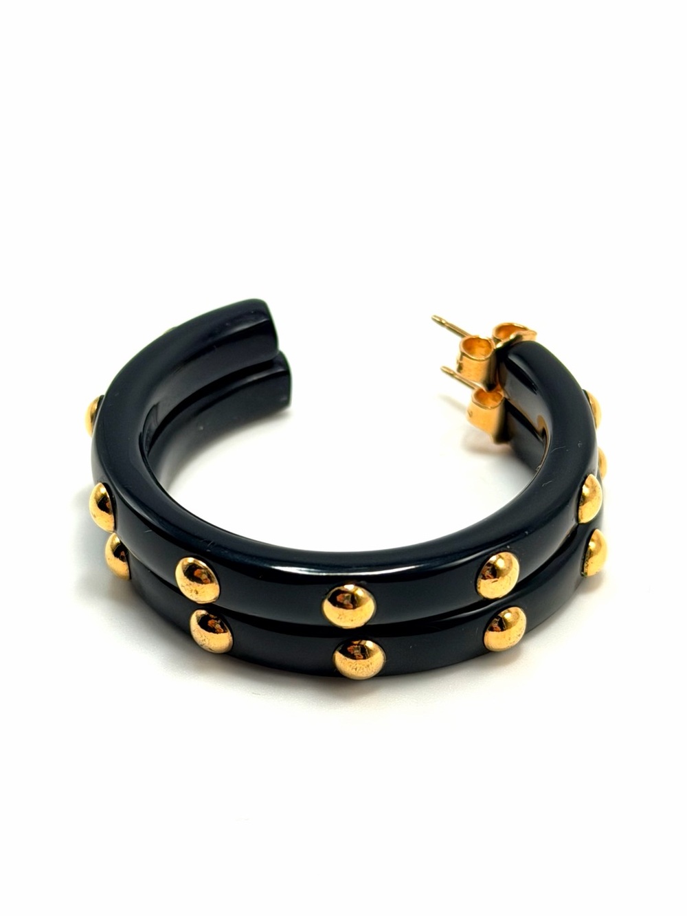 Coach Black Lucite Gold Tone Studded Hoop Earrings 1.5” Logo - Picture 4 of 14